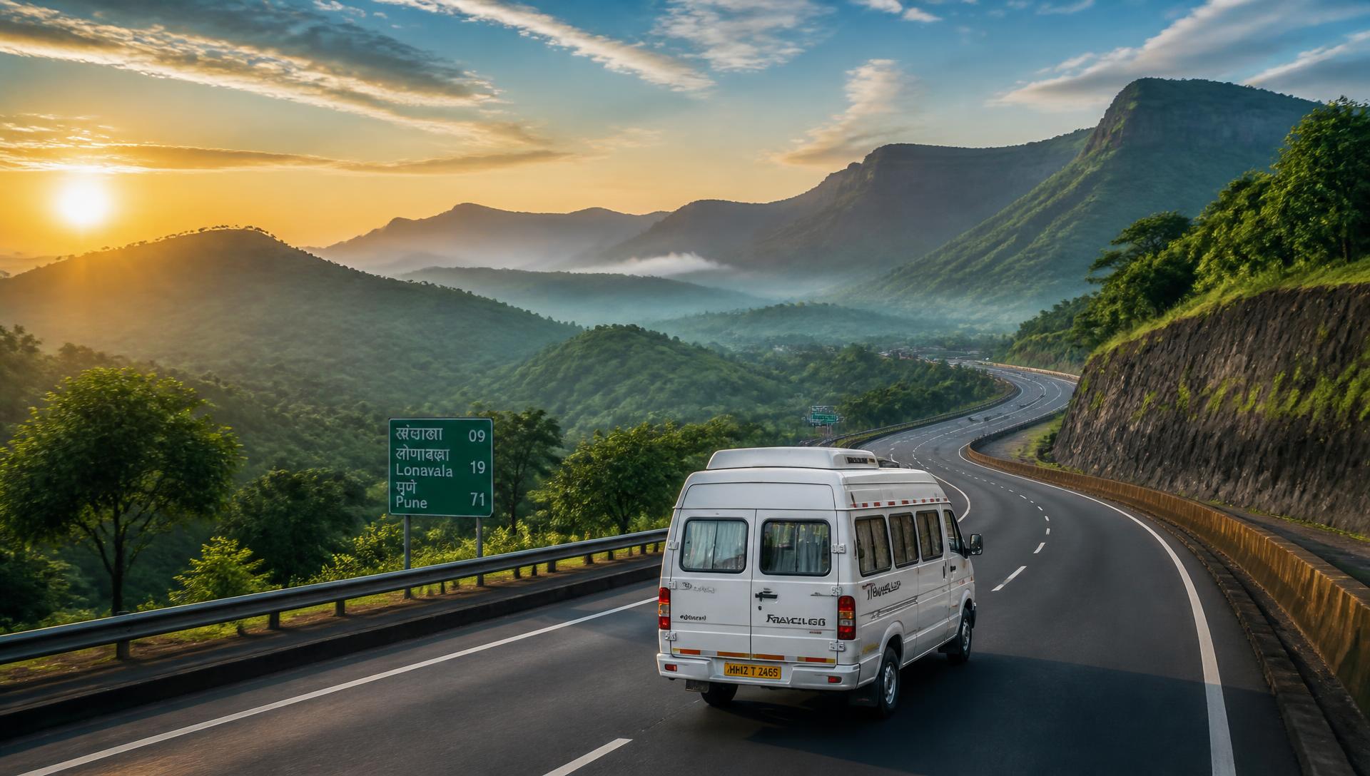 Tempo Traveller travelling on an expressway through the Sahyadri hills at sunrise
